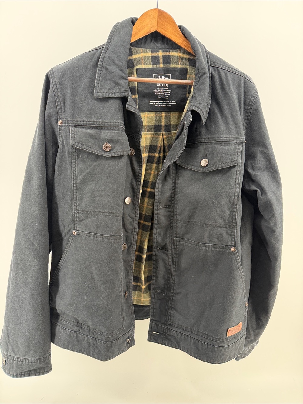 L.L. Bean Dark Gray Canvas Field Jacket with Plaid Lining